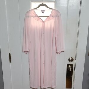 ShadowLine Women's Robe Nylon Pink Scalloped Neck Roses Pocket Sz L GUC READ